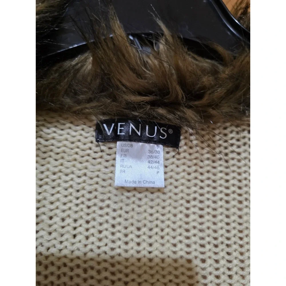 Venus Faux Fur Collar Cardigan Sweater Sz S Open Front Knit Cream Boho‎